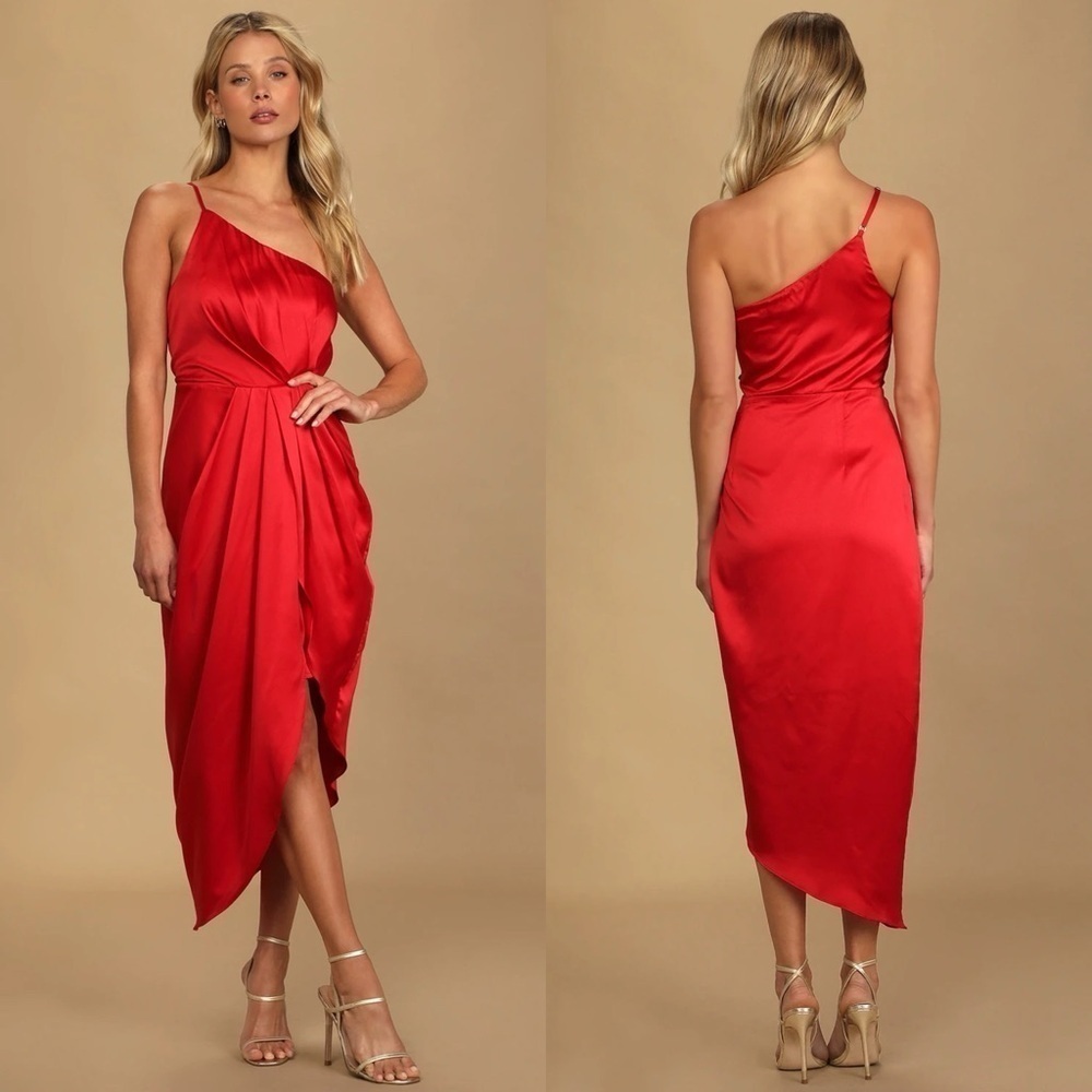 LULUS LAW OF ATTRACTION RED SATIN ONE SHOULDER ASYMMETRICAL MIDI COCKTAIL DRESS